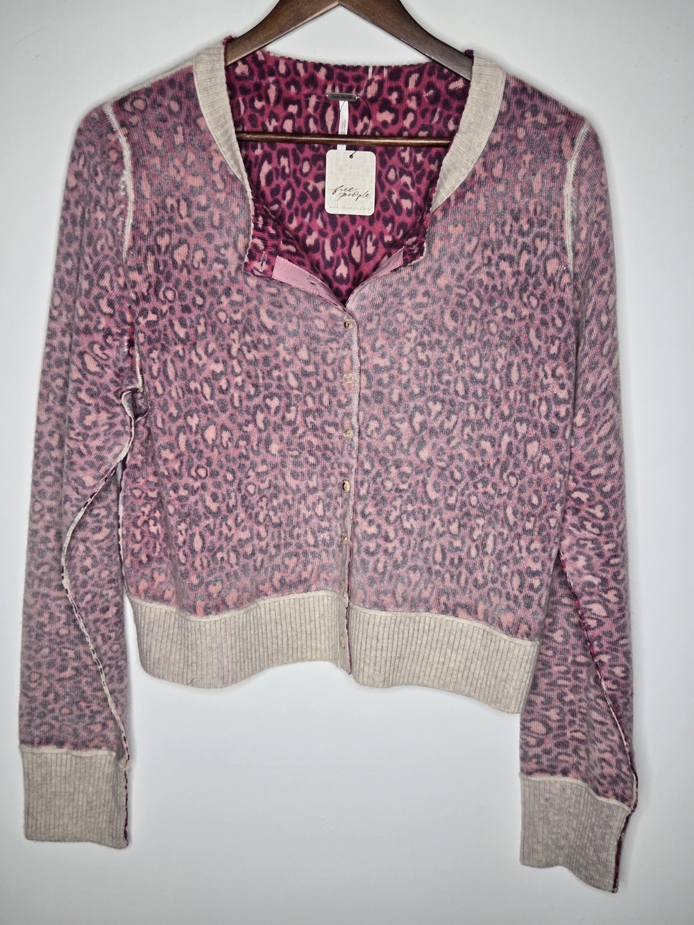 NWT Free People Nocturnal Pink Leopard Cashmere Blend Cardigan Sweater L